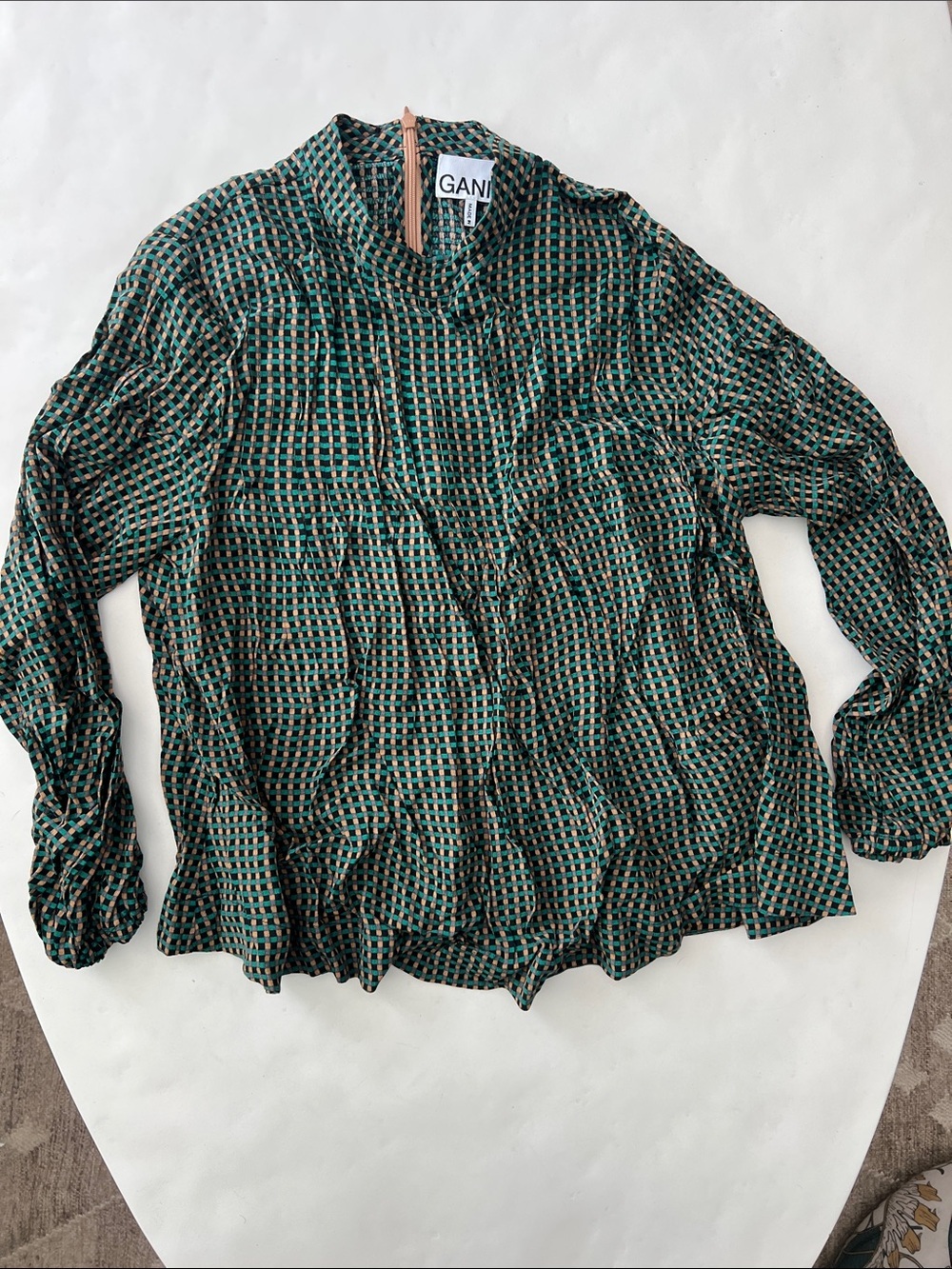 GANNI Checkered Green Tan Black Longsleeve Blouse 2/XS $215 - Picture 2 of 6